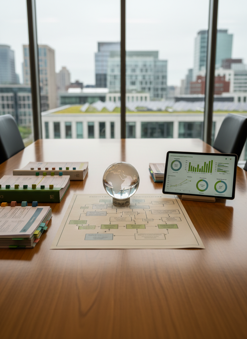 A polished wooden conference table covered only with neatly arranged sustainability policy documents: printed reports with colored tabs, a large, detailed systems diagram of climate governance, and a tablet displaying a dashboard of environmental indicators in muted greens and blues. A transparent glass globe sits in the center, etched with continents and fine grid lines, reflecting subtle highlights. In the background, floor-to-ceiling windows reveal a blurred, modern city skyline with green rooftops. Overcast daylight provides soft, neutral illumination, reducing glare and creating a contemplative atmosphere. Captured from a low, side angle along the table edge using the rule of thirds, the depth of field keeps the globe and key documents sharp while softening the city beyond. The style is photo-realistic, clean, and corporate-academic, ideal for illustrating governance and management themes.