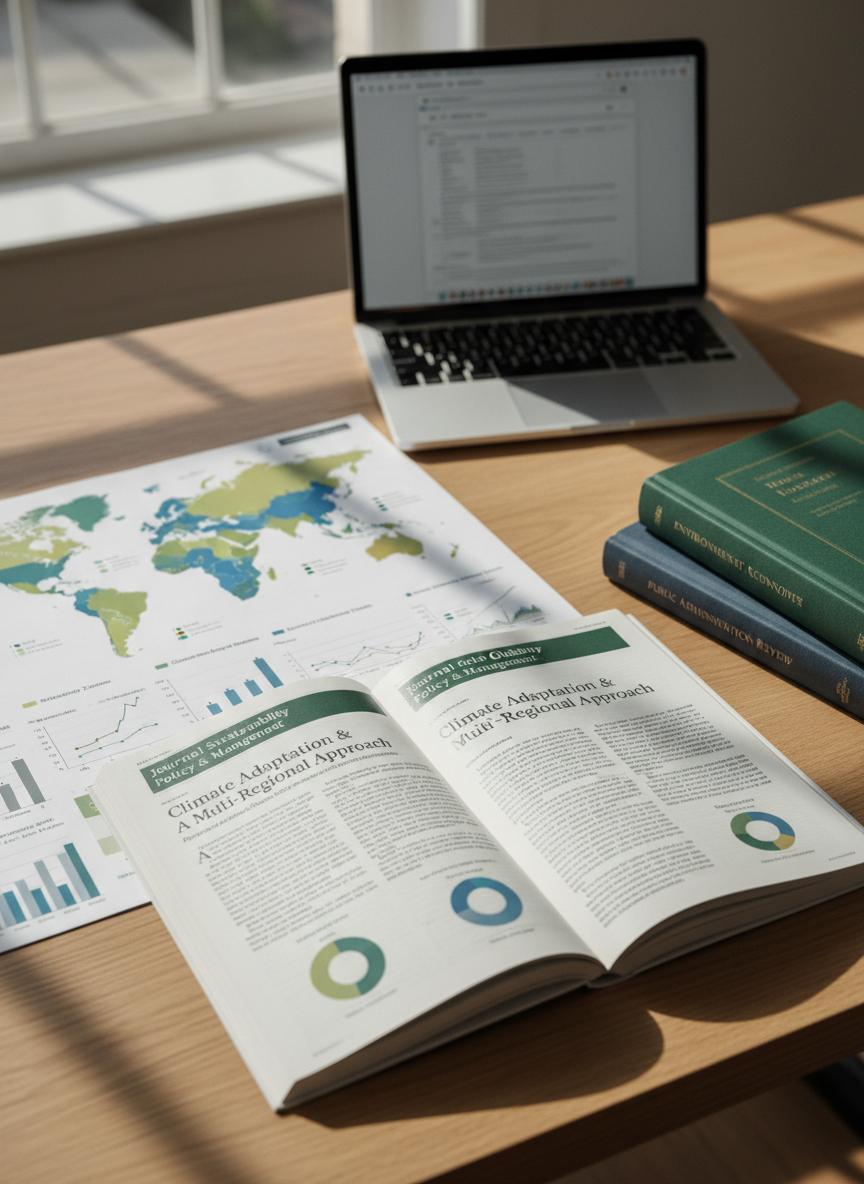 A meticulously arranged open academic journal spread on sustainability policy and management, printed on slightly textured, matte ivory paper with crisp, dark-green headings and clean serif typography. Around it lie color-coded graphs, a minimalist world map showing climate adaptation zones, and neatly stacked journals with deep forest-green and slate-blue covers. The scene rests on a light oak desk beside a large window in a modern research library. Soft morning daylight washes in, creating gentle reflections on a slim silver laptop and casting calm, elongated shadows. Captured at a slightly elevated angle with a shallow depth of field, the focus stays on the article title and figures. The mood is scholarly, orderly, and international, with a clean, modern, photo-realistic aesthetic suitable for an academic journal homepage.