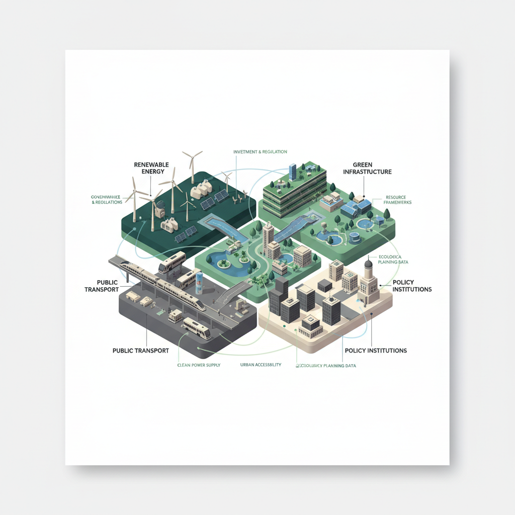 A high-precision isometric illustration of a sustainable city as a systems map, with distinct zones for renewable energy, public transport, green infrastructure, and policy institutions. Each zone is labeled by small, elegant typographic markers and connected via fine, glowing lines that represent policy pathways and management flows. Colors are restrained: deep greens, charcoal gray, soft beige, and gentle blues. The city floats against a clean, off-white background reminiscent of an academic diagram page. Subtle, even lighting enhances clarity with no harsh shadows, as if lit in a design studio. Framed in a centered, poster-like composition with generous white margins, the image feels analytical yet optimistic. The artistic style blends minimalist infographic aesthetics with semi-realistic detail, ideal for illustrating complex sustainability governance concepts.