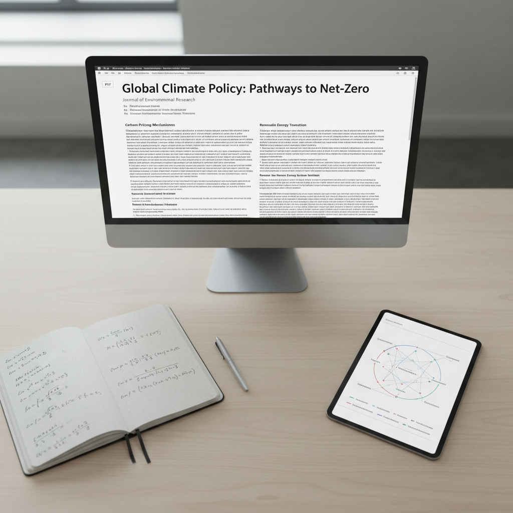 A carefully curated desktop scene of a sustainability researcher’s digital workspace, featuring a slim, modern monitor displaying an open PDF of a journal article on climate policy, with clear headings and a two-column academic layout. Next to it, a tablet shows a colorful but tasteful network diagram of stakeholders, and a notebook with precise, handwritten equations lies open, pages cream-colored and slightly textured. Everything rests on a smooth, pale birch desk with no clutter. Cool, diffused light from an unseen window evenly illuminates the space, while the background fades into a soft, neutral blur. Captured from a top-down, bird’s-eye view, the composition uses symmetry and negative space to highlight the documents. The mood is focused, methodical, and contemporary, rendered in a clean, photo-realistic style appropriate for an international academic journal site.